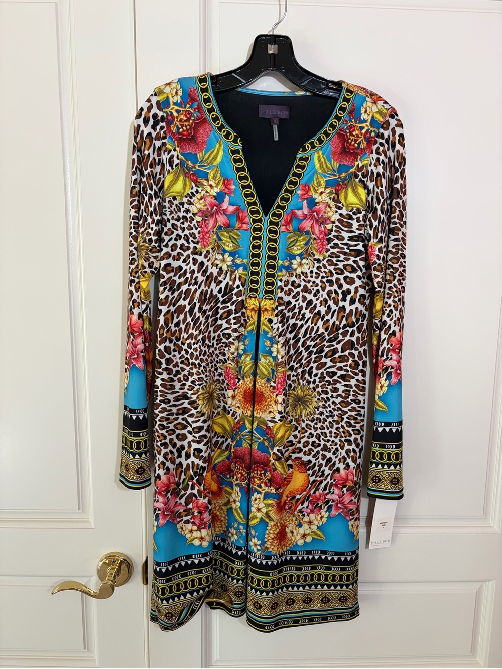 Hale Bob Multi Colored Floral & Leopard Print Long Sleeve Dress
